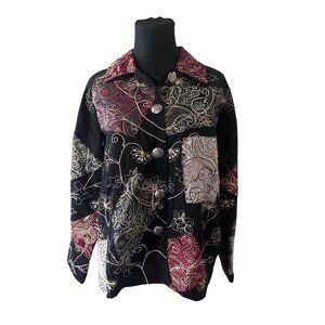 Vintage New Directions Linen blend black red and gold tapestry paisley Blazer si